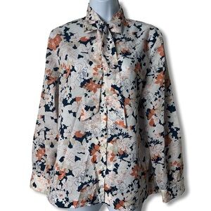 Catalina - Floral Bow Tie Neck Blouse Long Sleeve Button Down VTG 70s - Sz. 12